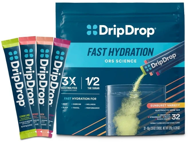DripDrop 하이드레이션 패킷 - 선버스트 버라이어티 팩 - 1인용 전해질 파우더 음료 믹스 - 레몬 라임 딸기 복숭아 블랙 체리 - GMO 프리 글루텐 프리 비건, DripDrop 하이드레이션 패킷 - 선버스트 버라이어, Sunburst Variety Pack, 10g, 1 - 쿠팡