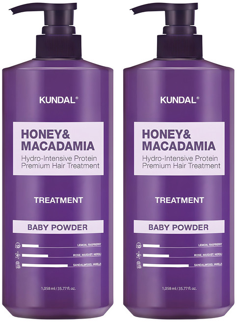 쿤달 허니 앤 마카다미아 헤어트리트먼트 베이비파우더향, 1.058L, 2개