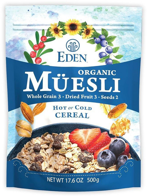 Eden 유기농 뮤즐리 시리얼 뜨겁거나 차갑게 먹기 귀리 호밀 밀 및 스펠트 플레이크 건포도 크랜베리 야생 블루베리 호박 해바라기 씨앗 오버나이트 설탕 없음, 17.6 Ounce (Pack of 6)