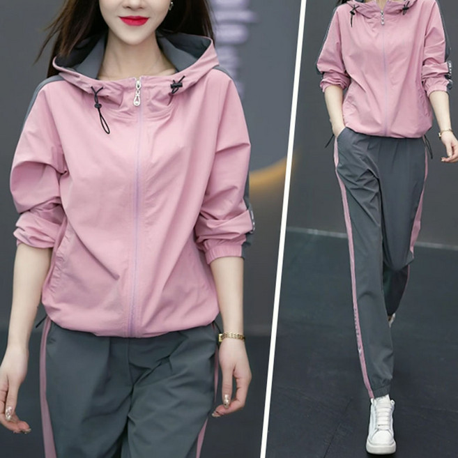 FANSYLI 여성 트레이닝복 세트 빅사이즈 심플 루즈핏 캐주얼 츄리닝 세트 후드지퍼 점퍼+밴딩 조거팬츠 투피스 봄가을 아웃도어 등산복 조깅복 트레킹복 XR2512D22