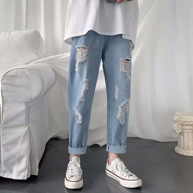 破洞牛仔褲男 S-5XL 夏天薄款 寬鬆直筒九分褲 韓版潮流長褲 大尺碼休閒長褲 復古港風文藝