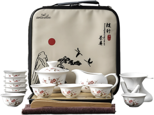 amarelee 중국 찻잔세트 다도세트 휴대용 전통찻잔 여행 여행용, 1개, 자존심 있는 매화-산수 여행 가방