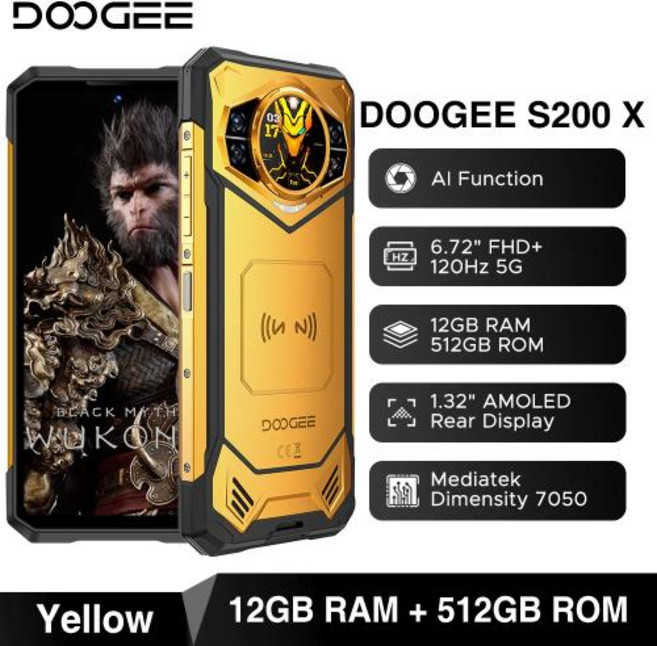 러기드폰 DOOGEE S200 5G 견고한 휴대폰 6.72 인치 120Hz 디스플레이 12GB RAM 256GB ROM 100MP AI 메인 카메라 10100mAh 안드로이드 14, 01 CHINA, S200 X 12GB 512GB Ye, 512GB