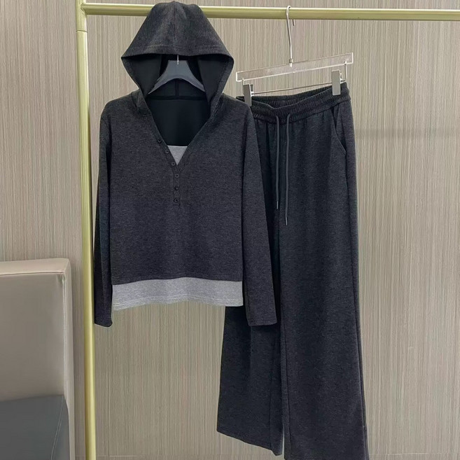 POMTOR 여성 캐주얼 후드 트레이닝복 세트 봄가을 루즈핏 운동복 투피스