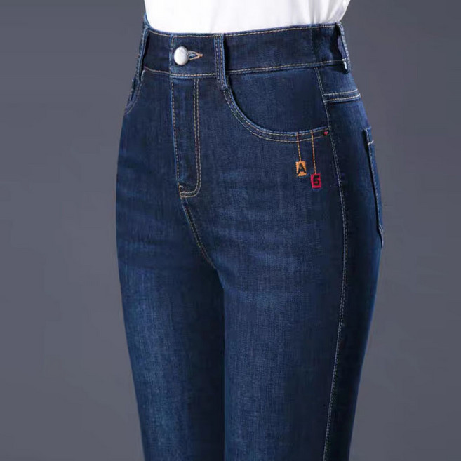 중년 여성 데님 팬츠 캐주얼 하이웨이스트 일자 청바지 슬림핏 스판 슬랙스 데님 팬츠 CY