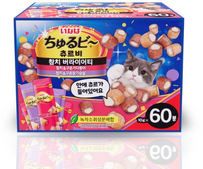이나바 INBA 츄르비 버라이어티 고양이 간식 - 60봉 대용량 / 반려동물 습식 스틱, 참치 버라이어티 (QSC-284), 10g, 60개