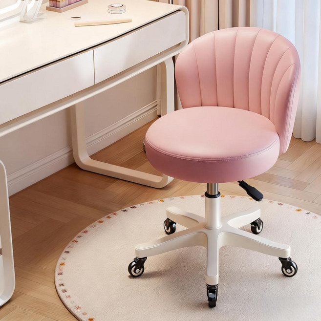 하루꿈 높이조절 화장대 의자 고급PU 회전 바퀴 + 등받이 미용실 스툴의자 컴퓨터 데스크 체어, 핑크