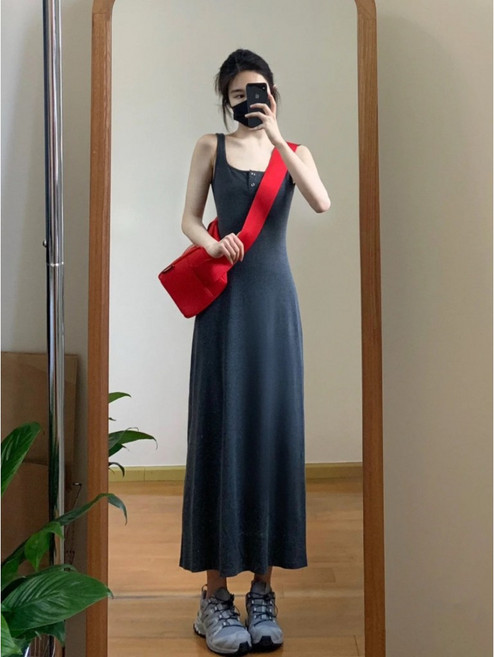 甜辣風 吊帶連衣裙 女夏季新款 純欲風 A字無袖長裙, 深灰色,2XL