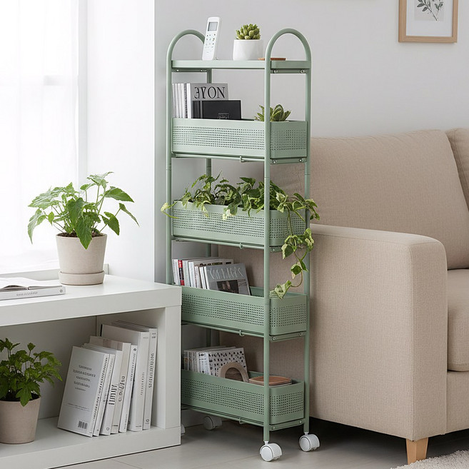 르엘 슬림 이동식 선반 틈새 트롤리, 5단, 그린