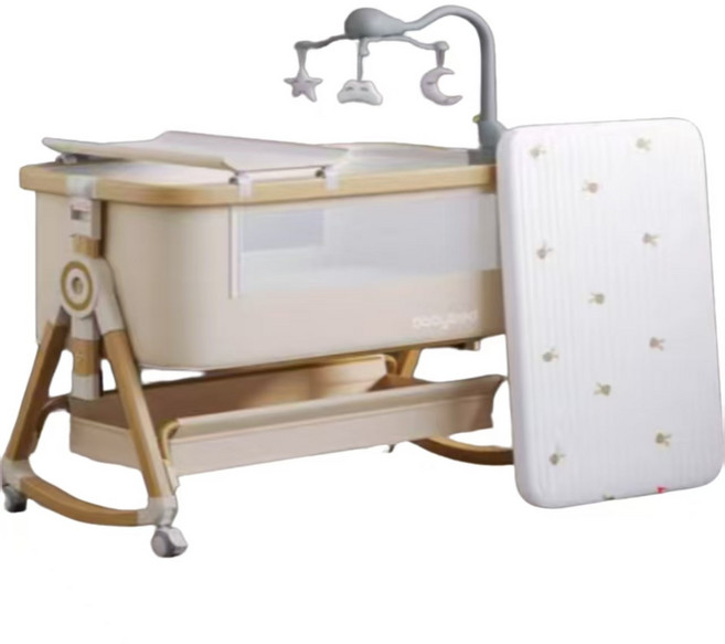babybed 多功能嬰兒床，可拼接大床搖籃模式, 木紋鋁-塵光漫染丨圓夢款A【4D空氣纖維牀墊+ins風牀笠】