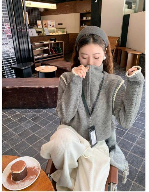 冬新款 高領半拉鍊針織毛衣 拼接設計感寬鬆上衣 女