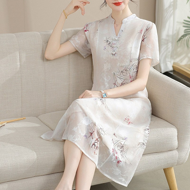 DIU 中年媽媽夏裝連衣裙新款中老年女裝國風雪紡裙夏季短袖長裙子, 2XL