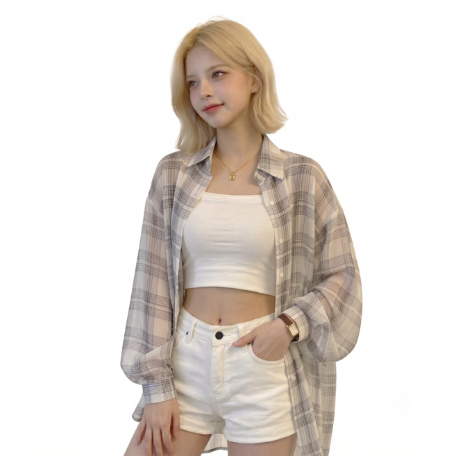 쉬폰블라우스 추천 TOP10 — Dear. AZ 여성 루즈핏 여름 긴팔 쉬폰 체크 셔츠