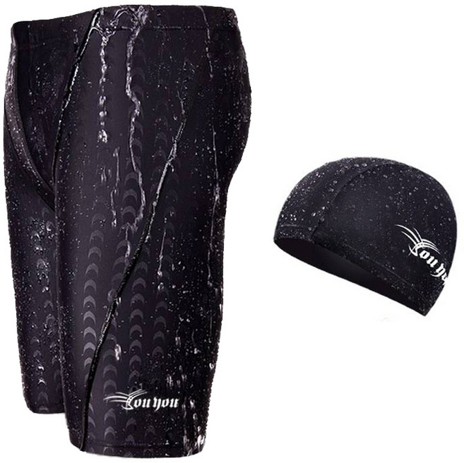 Lou you 男士游泳六件套裝 仿鯊魚皮泳褲 附泳帽泳鏡鼻夾耳塞收納包 大尺碼