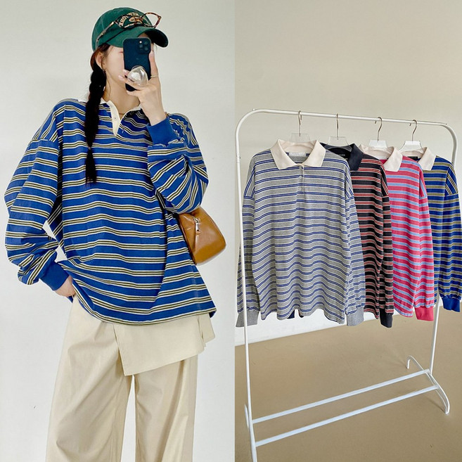 뮤앤뮤즈 루즈핏 오픈 버튼 카라 스트라이프 티셔츠