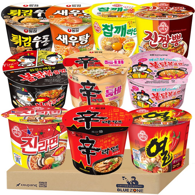 [블루존] 큰컵 용기컵라면 10개입 1세트(진매+참깨+열+신라면+튀김우동+새우탕+툼바+불닭볶음면+까르보불닭+진짬뽕)