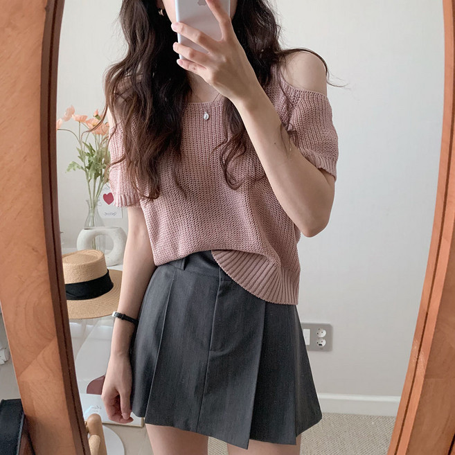 ROYALBELLE 여성 라운드넥 오프숄더 니트 반팔 티셔츠 루즈핏 얇은 레이온 단색 티셔츠 J061509