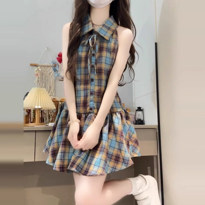 學院風藍色格紋連衣裙