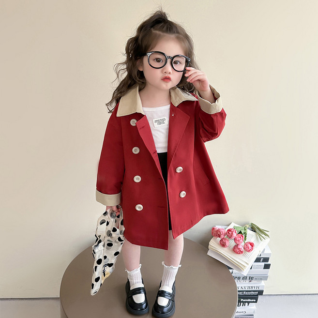 AA1365 키즈 주니어 아동 초등 봄 가을 여아 카라넥 배색 트렌치 코트 미디 바람막이 점퍼 자켓 아우터