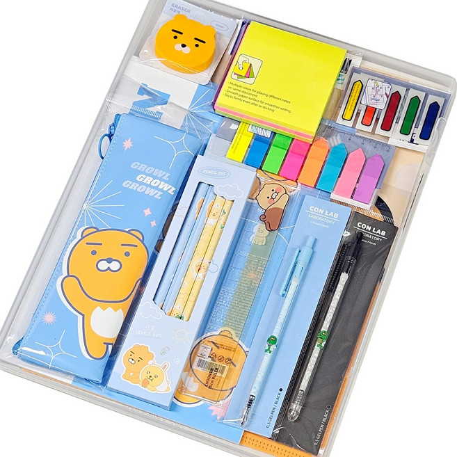 카카오프렌즈 실속 문구 세트 투명 화일케이스 패키지, 라이언