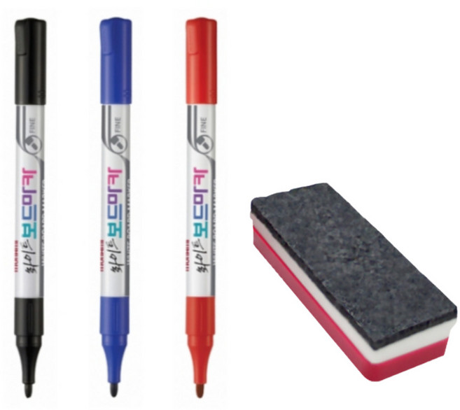 얇은 보드 마카 펜 3색 빨강 파랑 검정 + 지우개