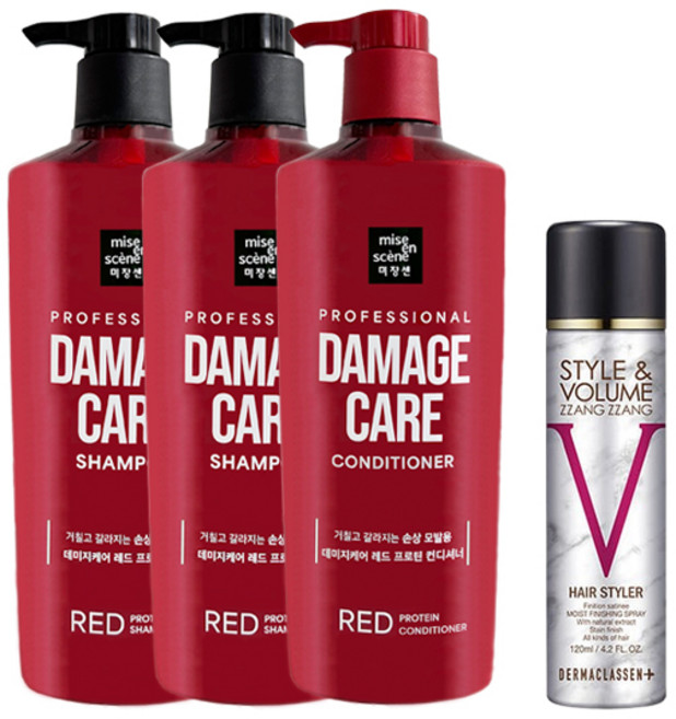 미쟝센 데미지케어 레드 샴푸 680ml x2 + 컨디셔너+ 볼륨짱짱 흑채 스프레이 자연갈색 120ml, 단품, 단품