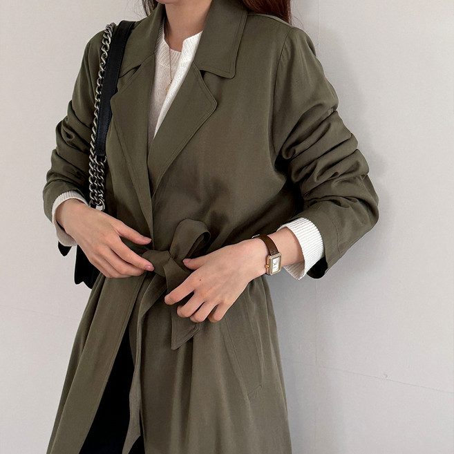 빅사이즈 텐셀소재 카라 허리끈 슬림 기본형 트렌치 자켓 데일리룩 3271