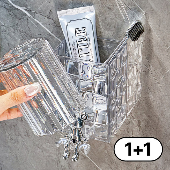 리빙잇몰 투명 크리스탈 무늬 무타공 칫솔걸이 양치컵 세트, 화이트, 2개