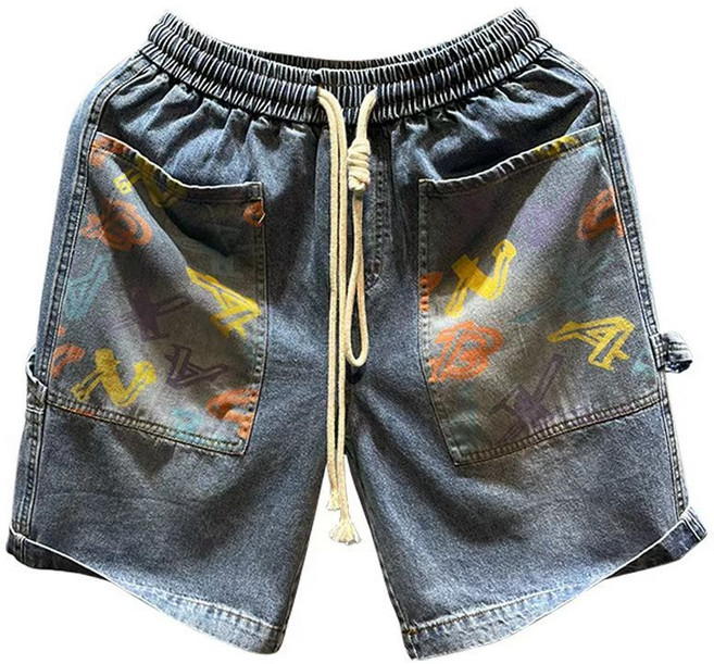 WEIHAN 남성 프린팅 데님 반바지 루즈핏 포켓 밴딩 청반바지 여름 남자 5부 팬츠
