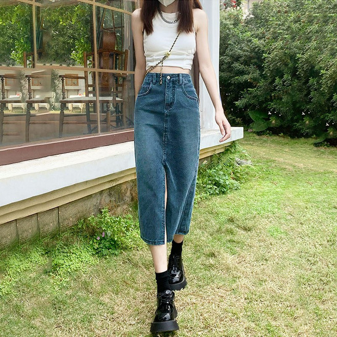 黑灰色復古開叉牛仔A字半身裙 - 高腰顯瘦中長款傘裙