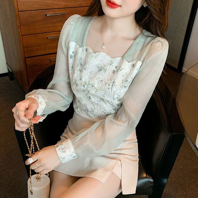 VVRR 여성 스퀘어넥 프린팅 셔링 패치워크 심플 캐주얼 쉬폰긴팔 티셔츠 W0062014