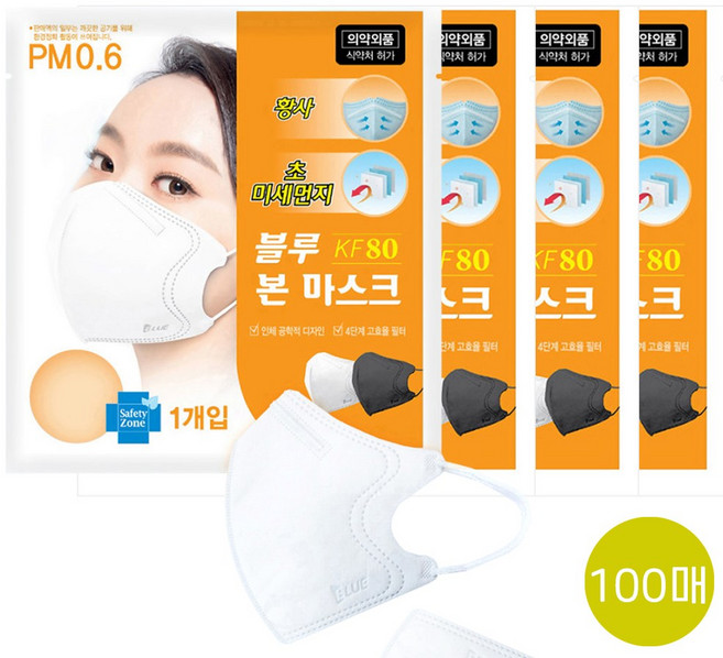 블루인더스 블루본 KF80 대형 마스크 100매, 화이트