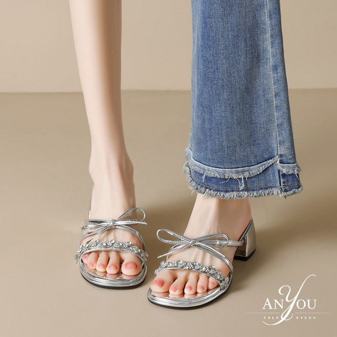 ANYOU 여자 여름샌들 여성 큐빅 힐 샌들 하이힐 오픈토 슬리퍼 5cm