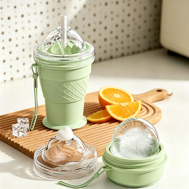 휴대용 접이식 2in1 얼음볼 컵 양질의 실리콘 6cm 아이스볼 얼음틀 여름 캠핑 빨대물병 325ml, 1개, 녹색