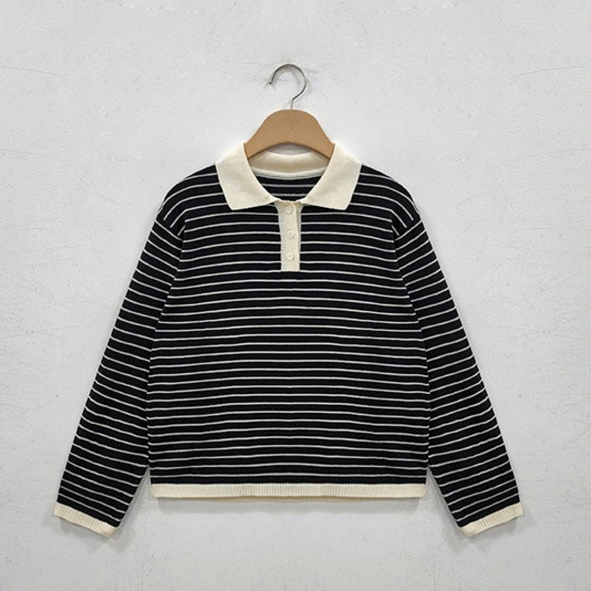 뜨개진 여성용 아벨 배색 스트라이프 버튼 카라넥 니트