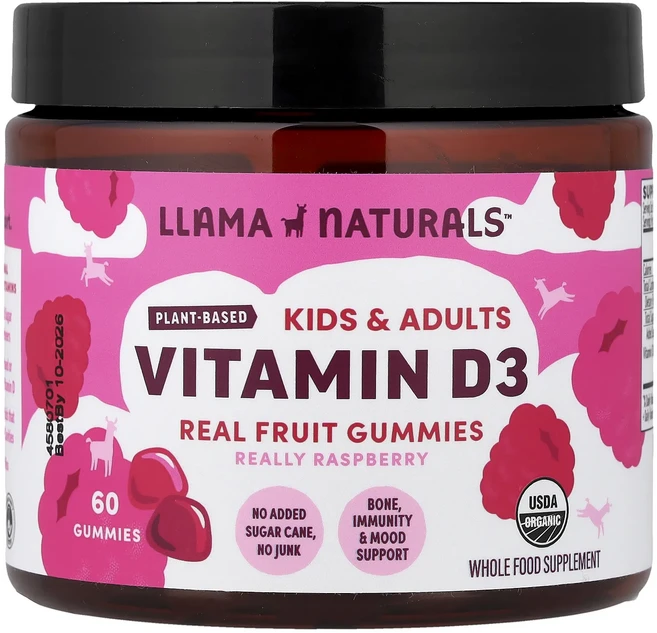 체력이약하신분들 Llama Naturals 어린이와 성인 식물성 비타민D3 천연 과일 구미젤리 라즈베리 맛 구미젤리 60개 피로를 빠르게느끼는분들, LlamaNaturals어린이와성인식물성비타민D3천연과 - 쿠팡