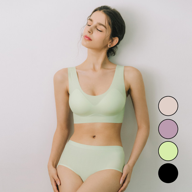 베이직스킨 숨쉬는 쿨에어 노후크 무봉제 심리스 브라+팬티 세트 BSE-Y273