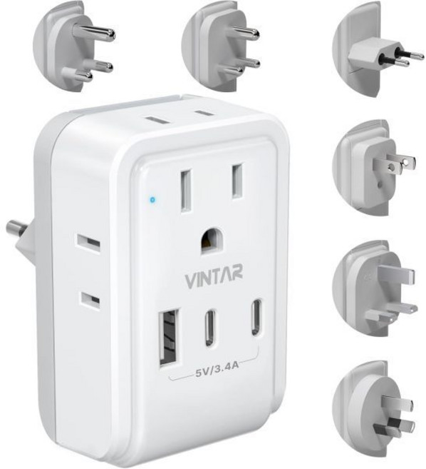 VINTAR 범용 여행 어댑터 키트 3개의 USB 포트2개의 C 4개의 AC 콘센트가 있는 국제 전원 어댑터 타입 A C G D I M 탈착식 부착물 미국EU영국인도아프리, Type A/C/G/D/M/I- All in One A, 1개