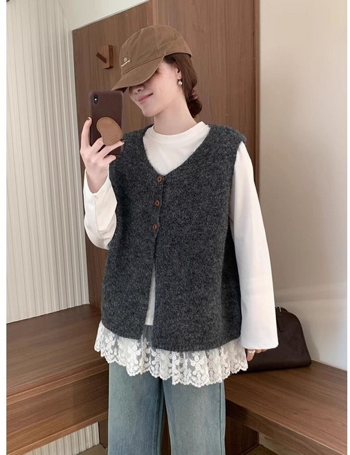 여성용 패션 레이어드 조끼 봄가을 캐주얼 브이넥 민소매 베스트 데일리 루즈핏 니트 나시 상의 YHY