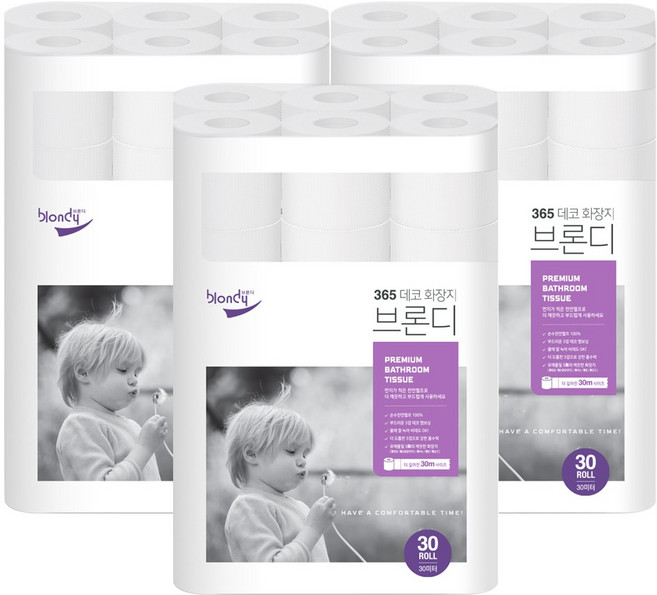 브론디 365 데코 화장지 천연펄프 30겹 30m, 30롤, 3개
