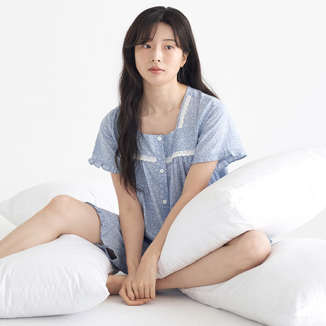 메이플라워 블루퓨어 반팔 순면 여성 빅사이즈 잠옷 홈웨어 세트