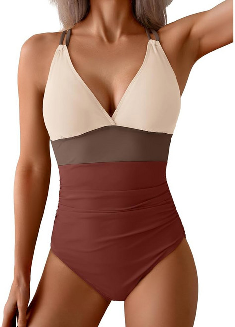 에이동거 여성용 원피스 컬러 블록 수영복 배 조절 슬리밍 브이넥 컷아웃 하이웨이스트, Brown Beige, X-Large