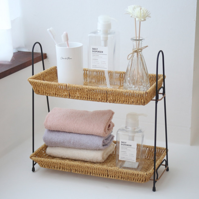 쏠리또 라탄 사각 더블트레이 과자접시 수건정리대, 옅은 갈색, 1개