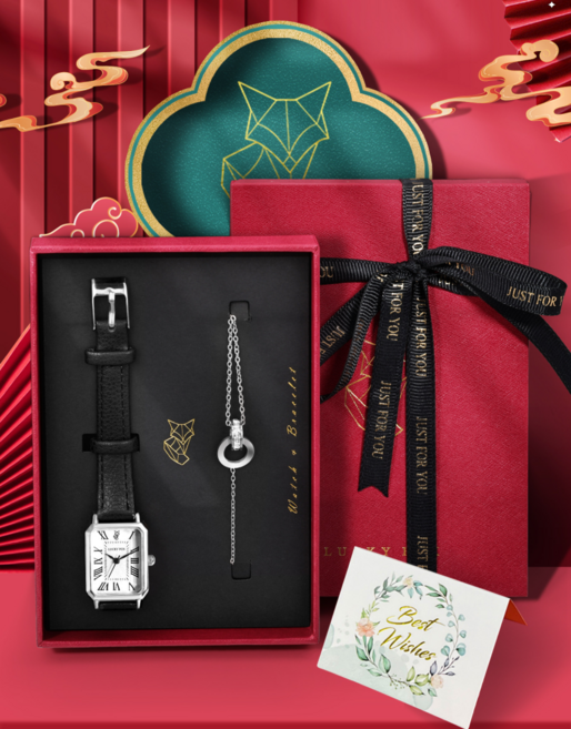 여성을 위한 감성 프리미엄 시계 & 팔찌 선물세트 레드 기프트 박스 + 카드 포함