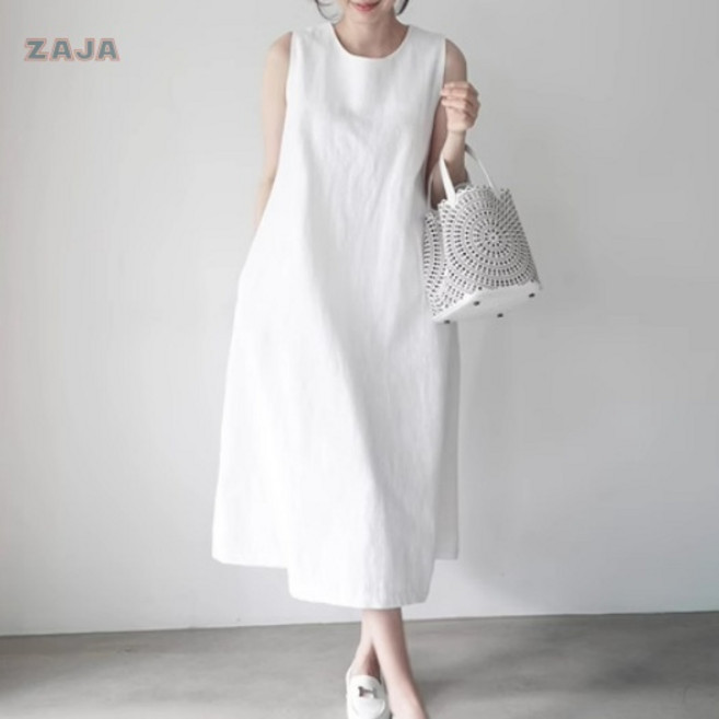 ZAJA 여성 여름 린넨 민소매 롱원피스 루즈핏 체형커버 나시 원피스