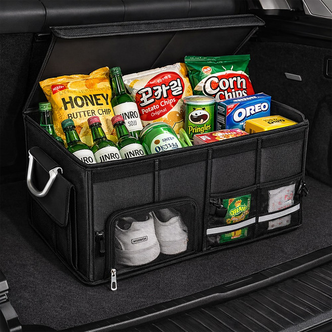 차량용 트렁크 정리함 프리미엄 방수 접이식 대용량 자동차 수납박스 분리형 커버 수납함, 블랙