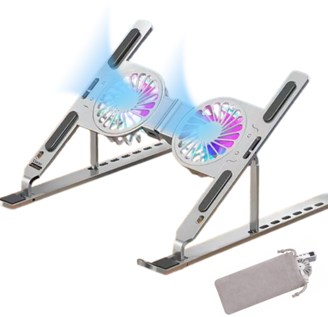 웨이모션 듀얼 쿨링팬 접이식 노트북 거치대 휴대용 각도조절 미끄럼방지 스테인레스 스틸, 1개, 라이트 실버