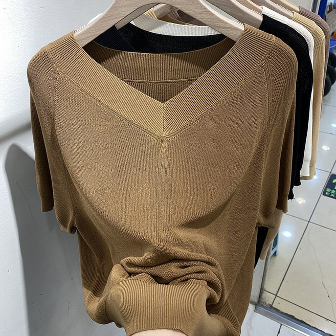 여름 아이스 브이넥 반팔 티셔츠 심플 패션 얇은 쿨니트 시원한 니트티 블라우스