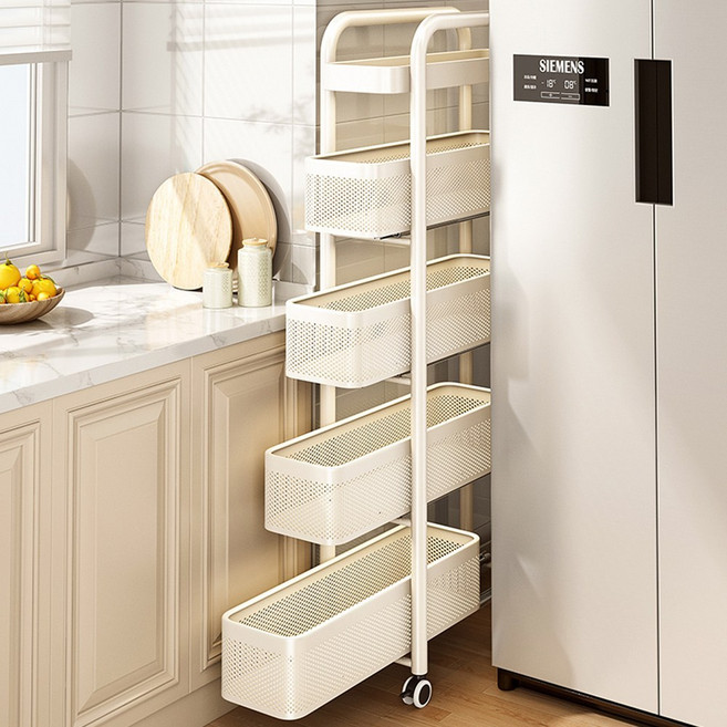 하루꿈 틈새 공간 수납장 슬림 트롤리 선반 일체형 다용도 이동식 서랍형 슬라이드 수납정리함, 화이트