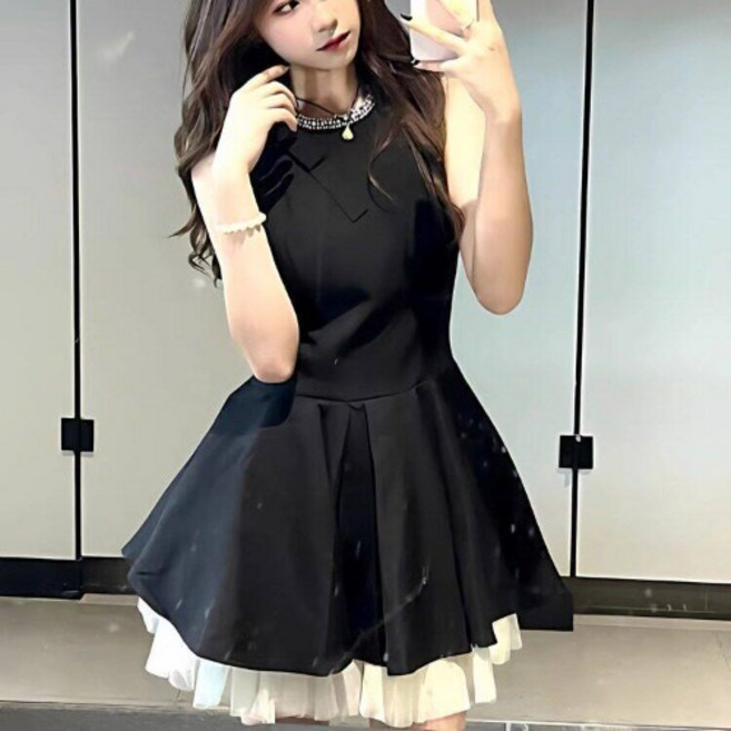 히또리 X5267 목걸이 보석 이중 쉬폰 볼륨 허리라인 하객 미니원피스